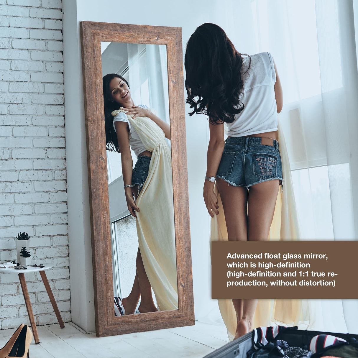 Syndra Modern Design Full Length Mirror, 61"L x 22"W, Wall Mounted, Rectangular, Framed, Wood/wood tone, HD Reflections, Shatterproof, Frosted Edges, Home Decor, Bedroom, Bathroom, Living Room Syndra