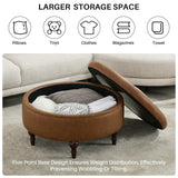obmedin 31.5" Large Round Storage Ottoman, Upholstered Tufted PU Ottoman Coffee Table, Large Footrest with Solid Wooden Legs and Nailheads, Side Table for Living Room Bedroom Office, Brown obmedin