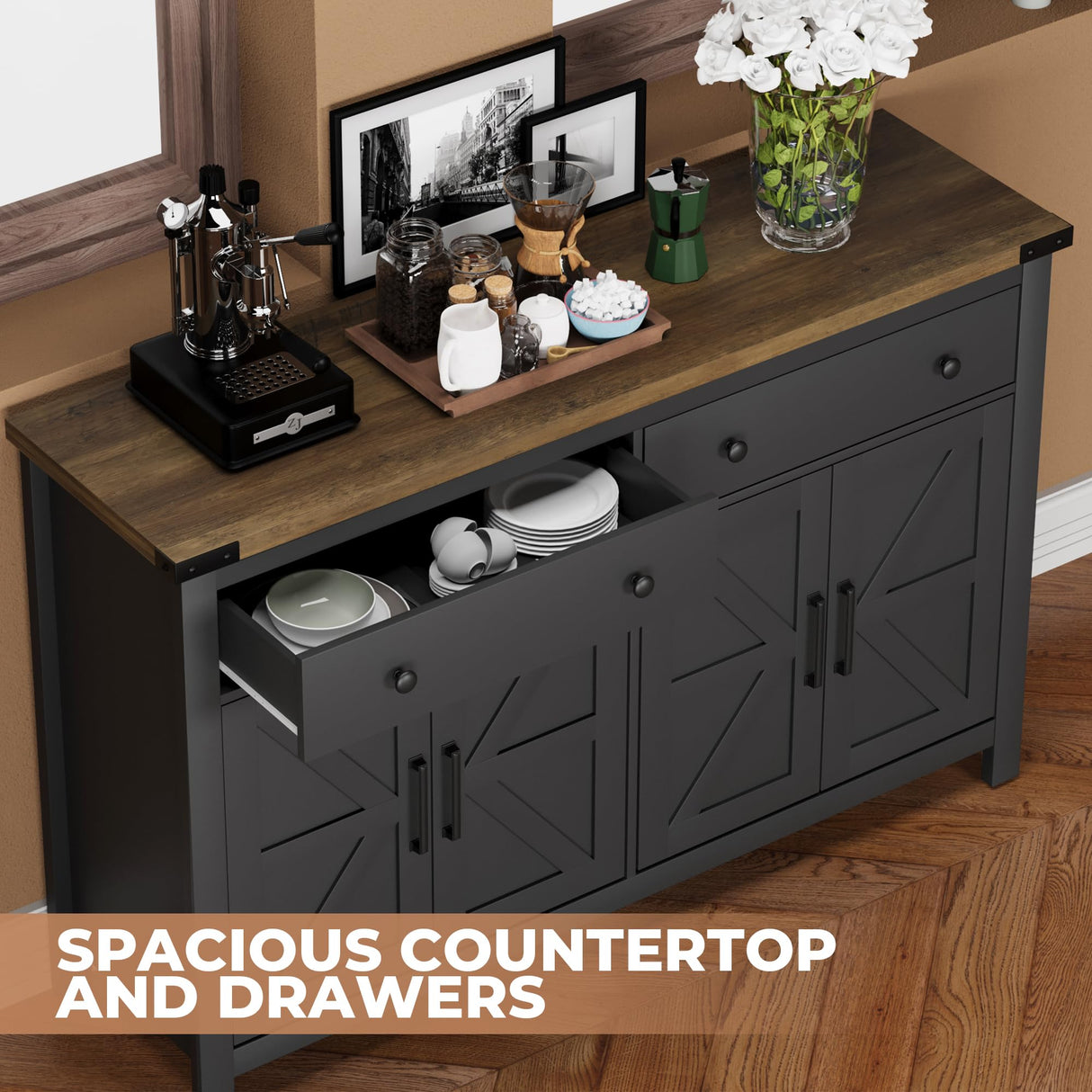 VVFLU 55" Sideboard Buffet Cabinet with Storage, Coffee Bar Cabinet with 2 Drawers and 4 Barn Doors, Long Storage Cabinet Modern Farmhouse, Black Wood, for Kitchen, Dining Room, Living Room VVFLU