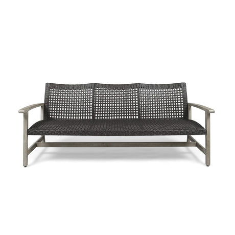 Great Deal Furniture Marcia Outdoor Wood and Wicker Sofa, Light Gray Finish with Mix Black Wicker,Mixed Black, Light Gray Wash Finish,307796 GDFStudio