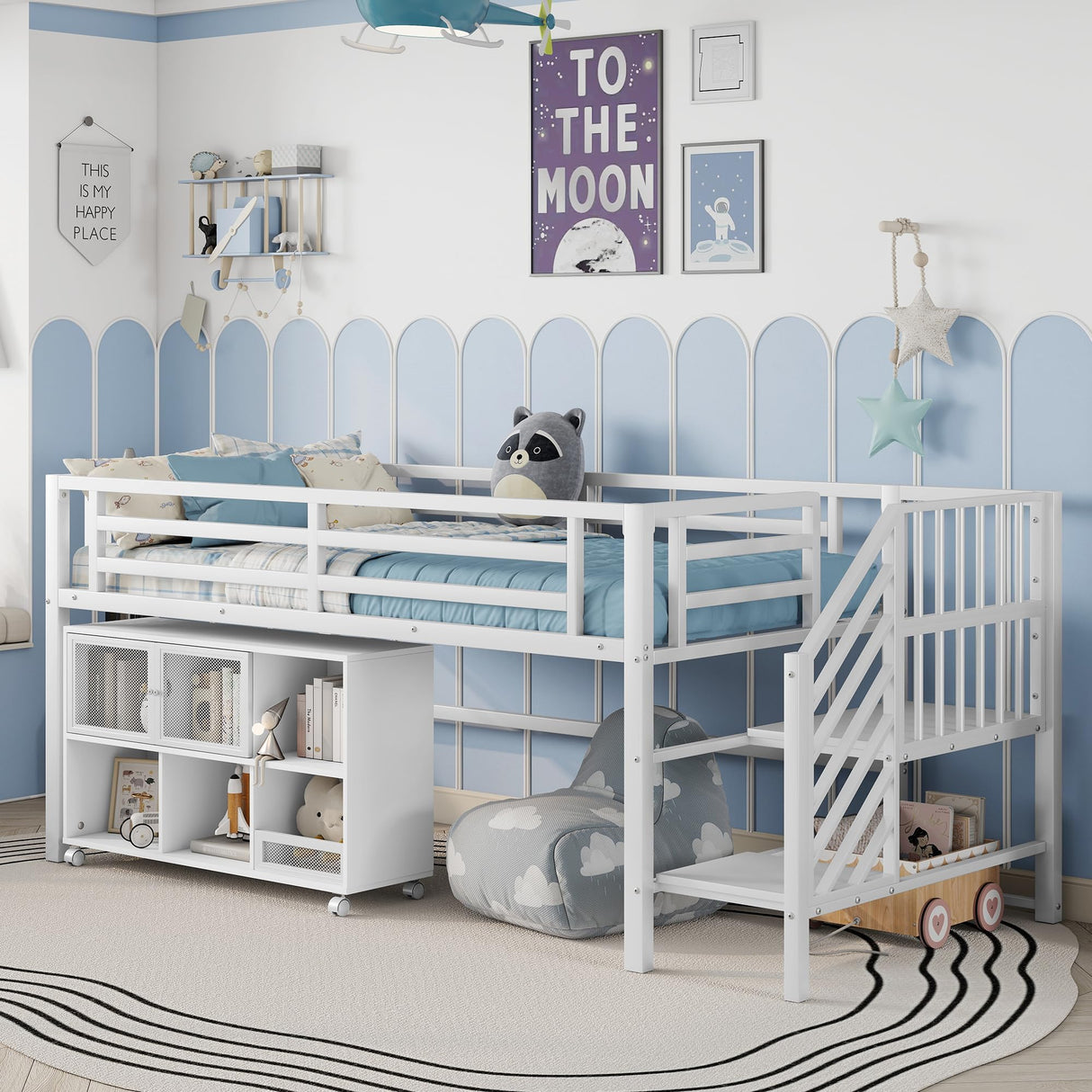 LUMISOL Twin Low Loft Bed with Stairs, Metal Loft Bed with Storage Cubby, No Noise, White LUMISOL