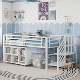 LUMISOL Twin Low Loft Bed with Stairs, Metal Loft Bed with Storage Cubby, No Noise, White LUMISOL