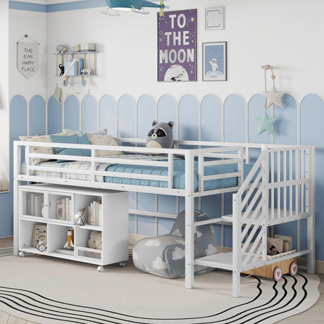 LUMISOL Twin Low Loft Bed with Stairs, Metal Loft Bed with Storage Cubby, No Noise, White LUMISOL