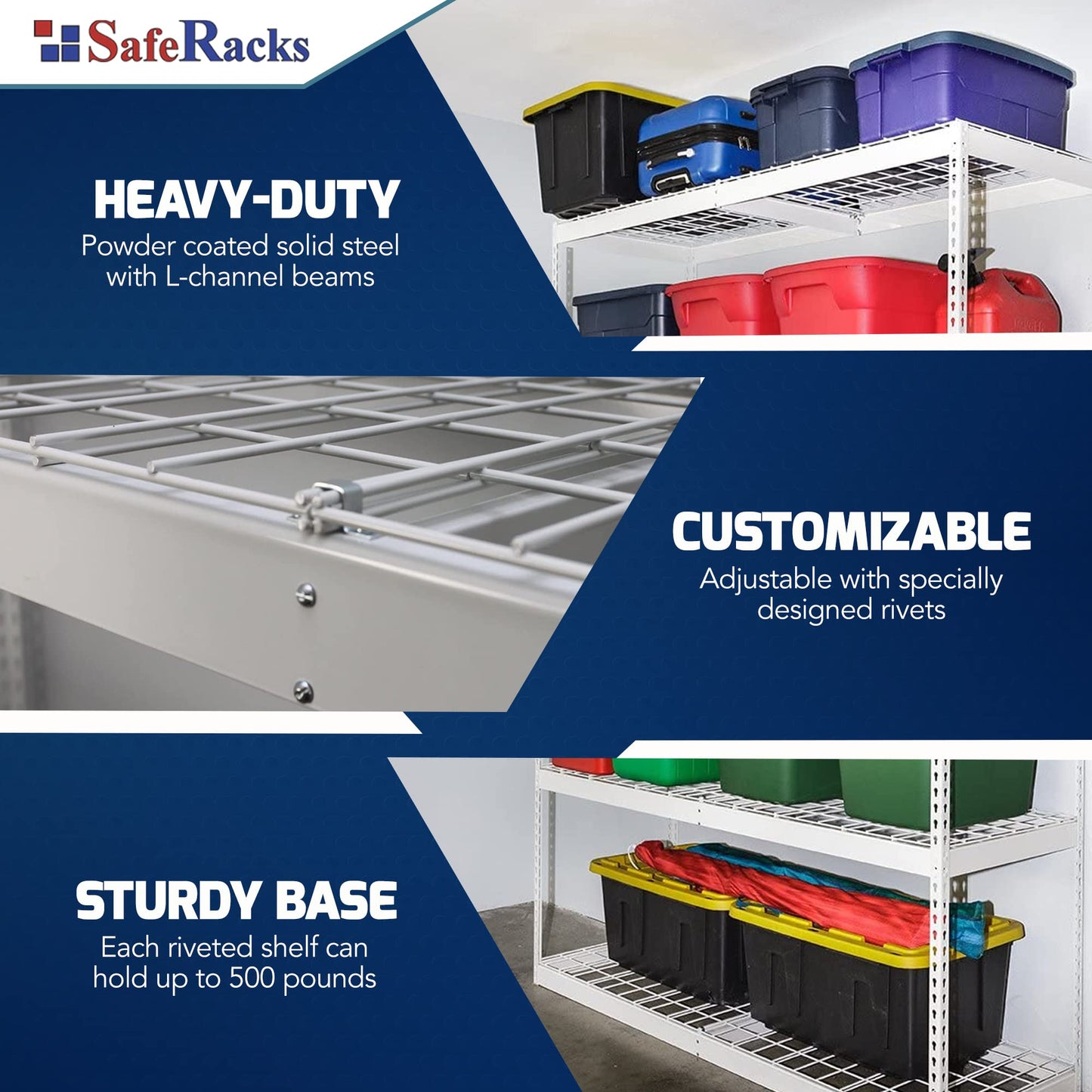 SafeRacks Garage Shelving Unit - Storage Shelf That Holds 500 Pounds Per Shelf Rack - All Steel Shelves for Storage - Easy to Assemble Shelving Storage, Garage Shelf, White (24" x 72" x 84")