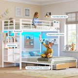 Twin Over Full Size Bunk Bed with 4 Storage Drawers and Bookshelf, Metal Bunk Beds with LED Lights, Charging Station, Loft Bunk Bed with Pegboard, Safety Guardrail and Ladders, for Kids, Teens, Adults mojiasion