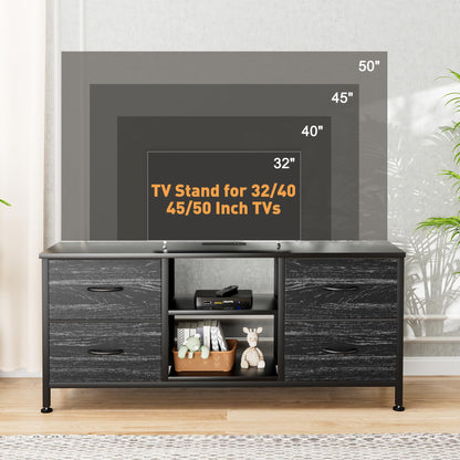 YaFiti TV Stand for Bedroom, Dresser TV Stand with 4 Fabric Drawers & Open Shelves for 50" TV, Entertainment Center with Power Outlet, Dresser for Bedroom, Living Room, Entryway, Black Wood Veins