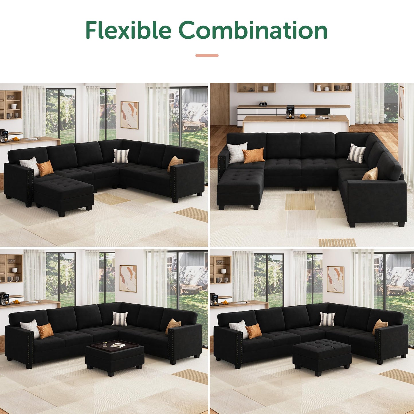 HONBAY Velvet Convertible Sectional Sofa L Shaped Couch with Storage Ottoman Corner Sectional Couch with Reversible Chaise, Black