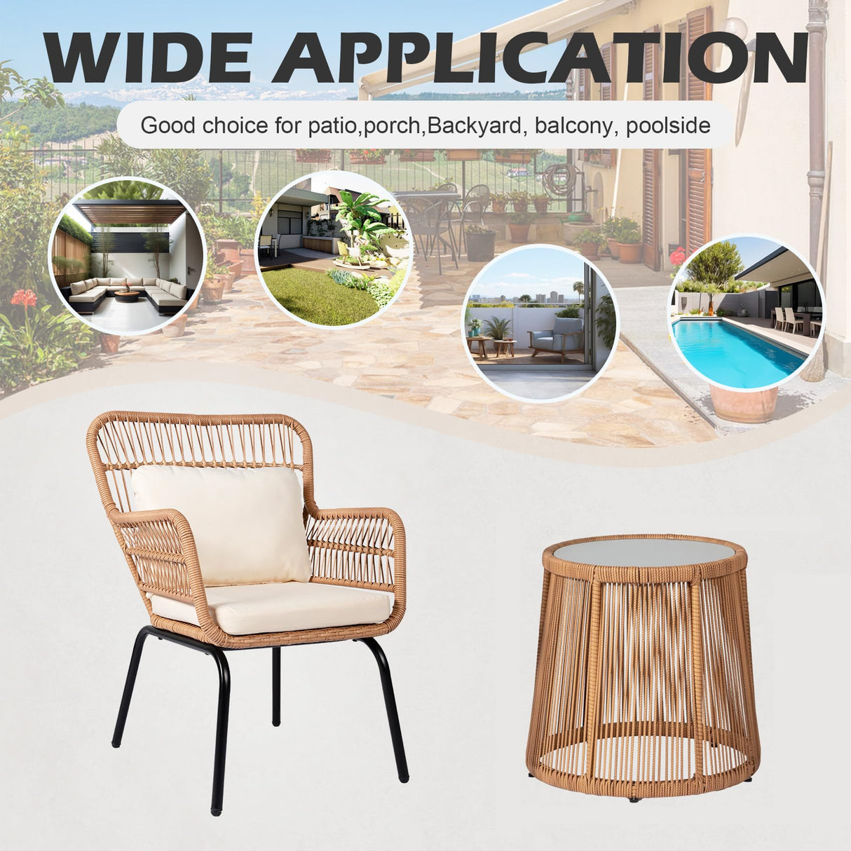 HOMEZILLIONS 3 Piece Outdoor Wicker Furniture Bistro Set, Rattan Chairs Conversation Sets Wicker Patio Furniture for Balcony Poolside Backyard, Yellow/Beige HOMEZILLIONS