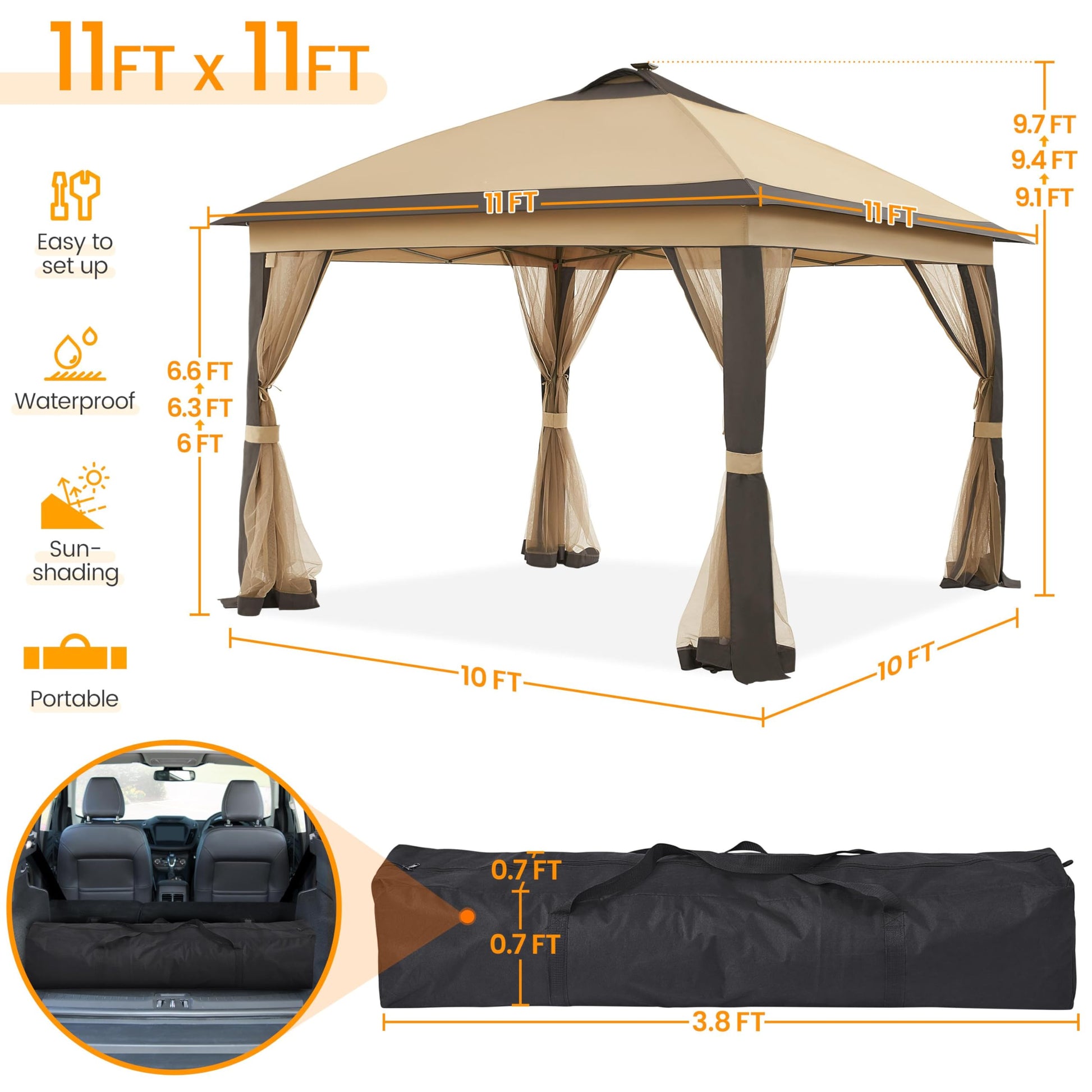 Yaheetech 11'x11' Pop Up Gazebo Instant Tent with 17 Solar LED Lights & Zippered Mesh Netting, Outdoor Shelter Sun Shade Gazebo with Sandbags for Backyard Garden Patio, Khaki & Brown - WoodArtSupply