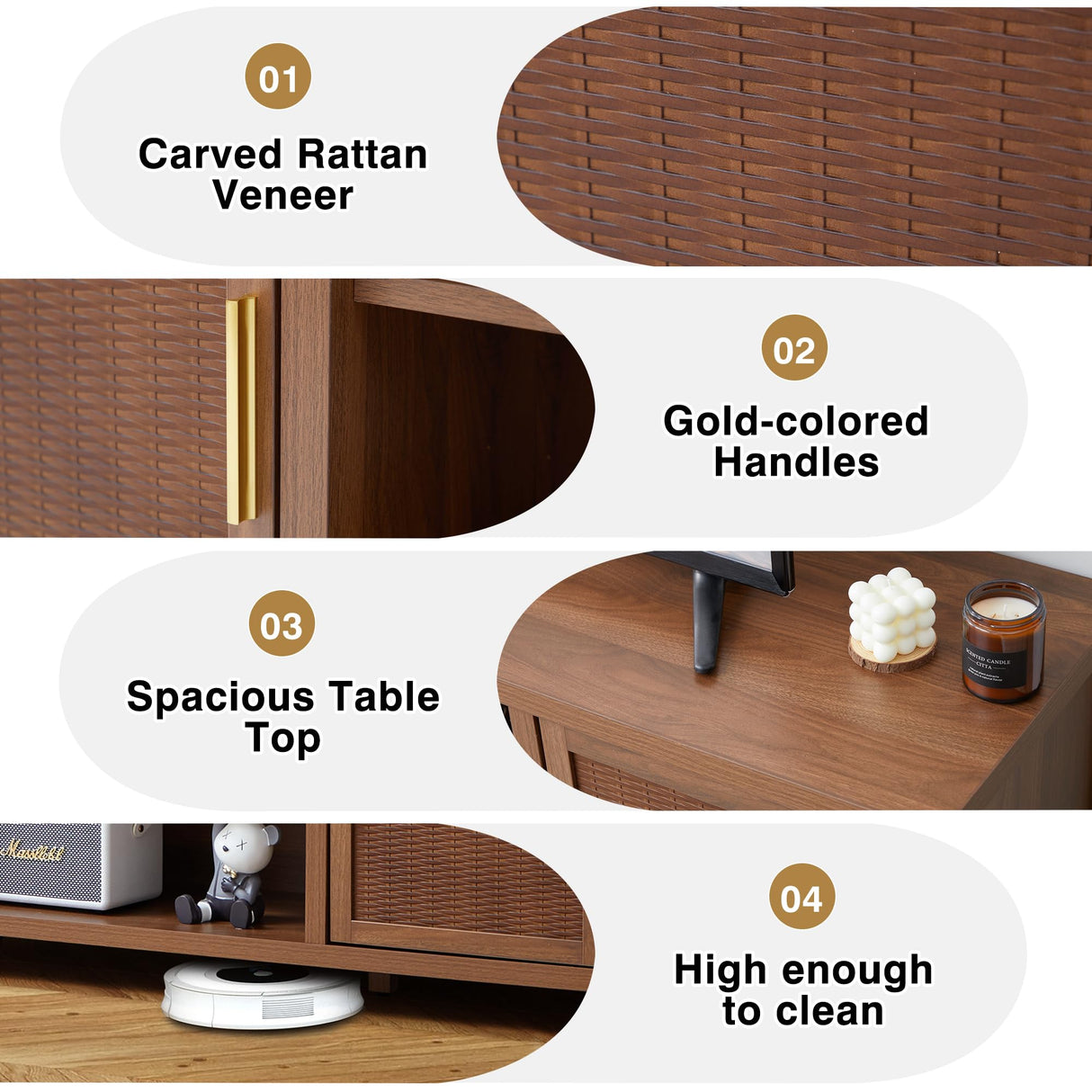 affeivul Mid Century Modern TV Stand with Storage Cabinet, 65 inch Low TV Console Table, Rattan TV Stand with Doors, Rustic Walnut TV Entertainment Stand with Shelves for Bedroom/Living Room affeivul