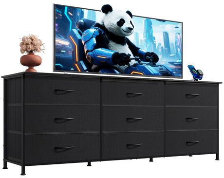 WLIVE 63''W Dresser for Bedroom, Black Dresser TV Stand for 65, 70, 75 inch TV, Wide Chest of Drawers with 9 Drawer, Large Entertainment Center, Fabric Dressers with Wood Top for Closet, Living Room WLIVE