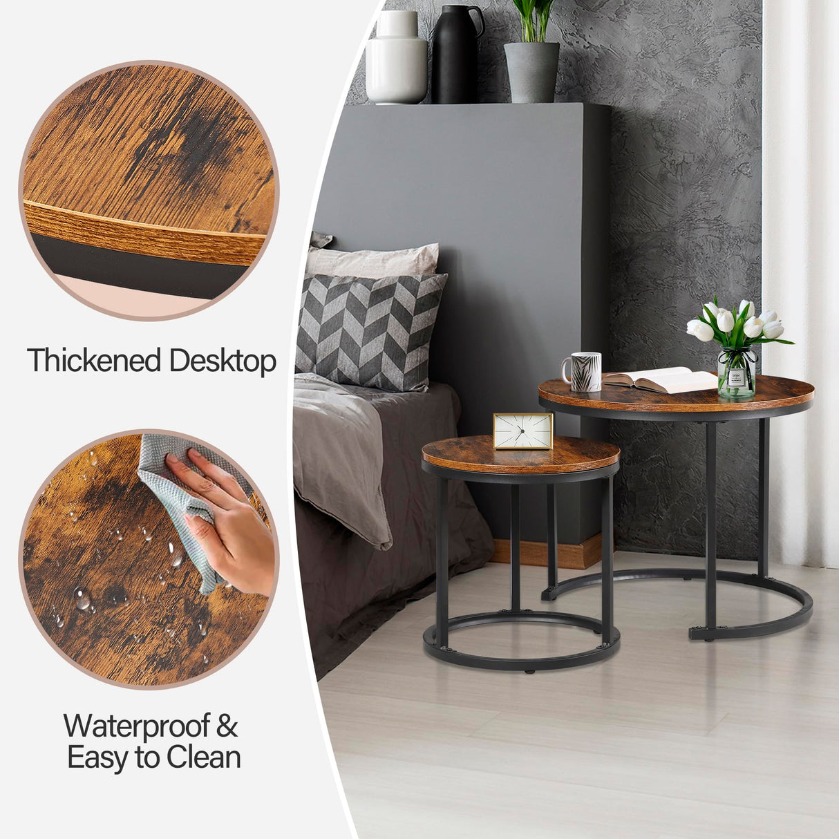 ZENY Nesting Coffee Table Set of 2, 23.6inch Round Coffee Table Wood Grain Top with Sturdy Metal Frame, Industrial End Table Side Tables for Living Room Bedroom Balcony Yard, Rustic Brown ZENY