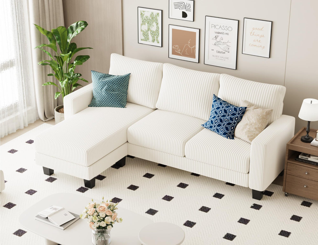 Homall Sofa for Living Room, Couch with Convertible Chaise, 3 Seat L-Shaped Sofas, Comfy Corduroy Couches for Apartment, Small Space, Cream Homall