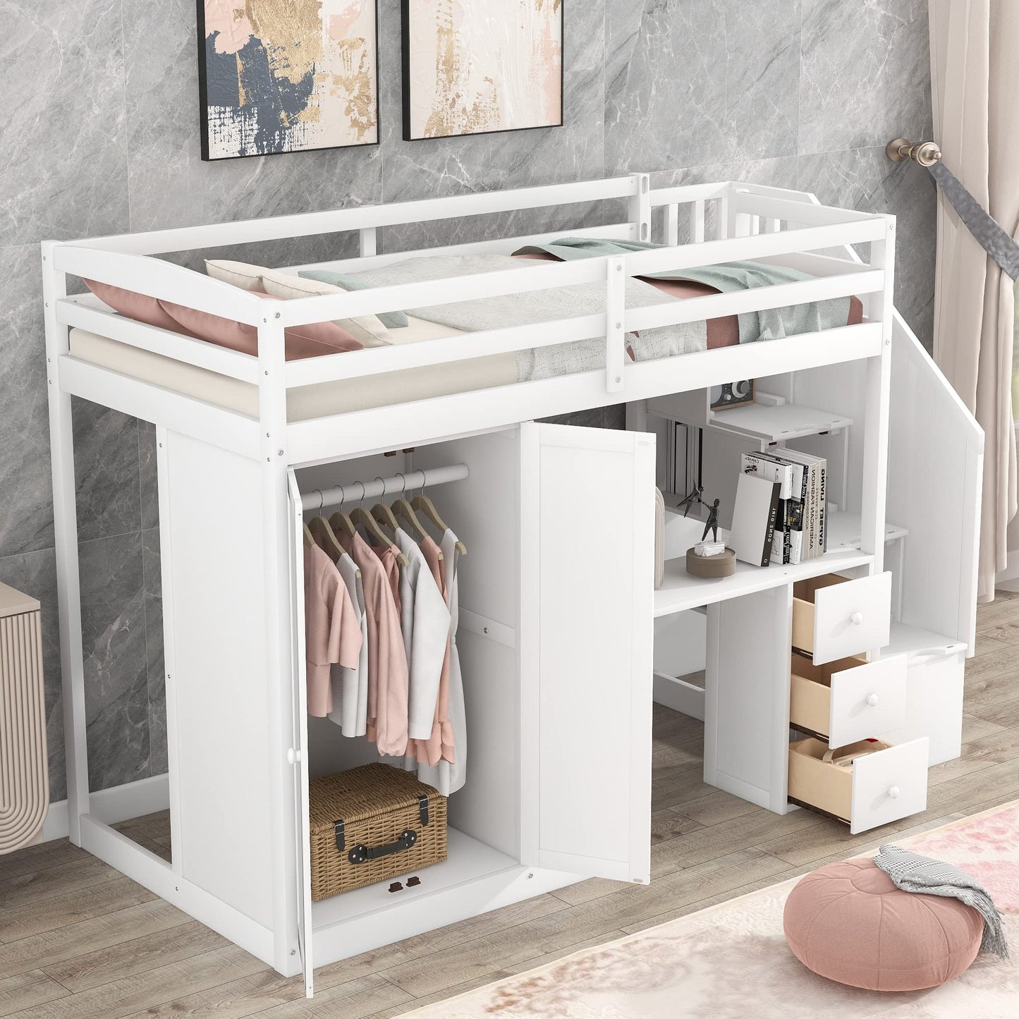 MERITLINE Twin Loft Bed with Desk, Wardrobe, and Storage Stairs - Space-Saving Design for Kids and Teens in White - WoodArtSupply