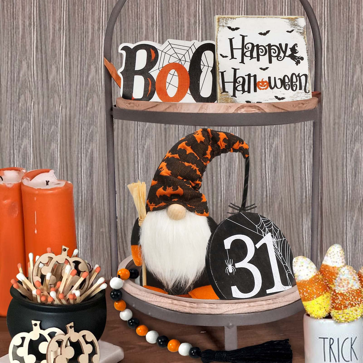 Halloween Decor - Halloween Decorations - BOO Happy Halloween Wooden Signs - Cute Gnomes Plush and Bead Garland - Farmhouse Rustic Tiered Tray Decor Items for Home Table House Room ORIENTAL CHERRY