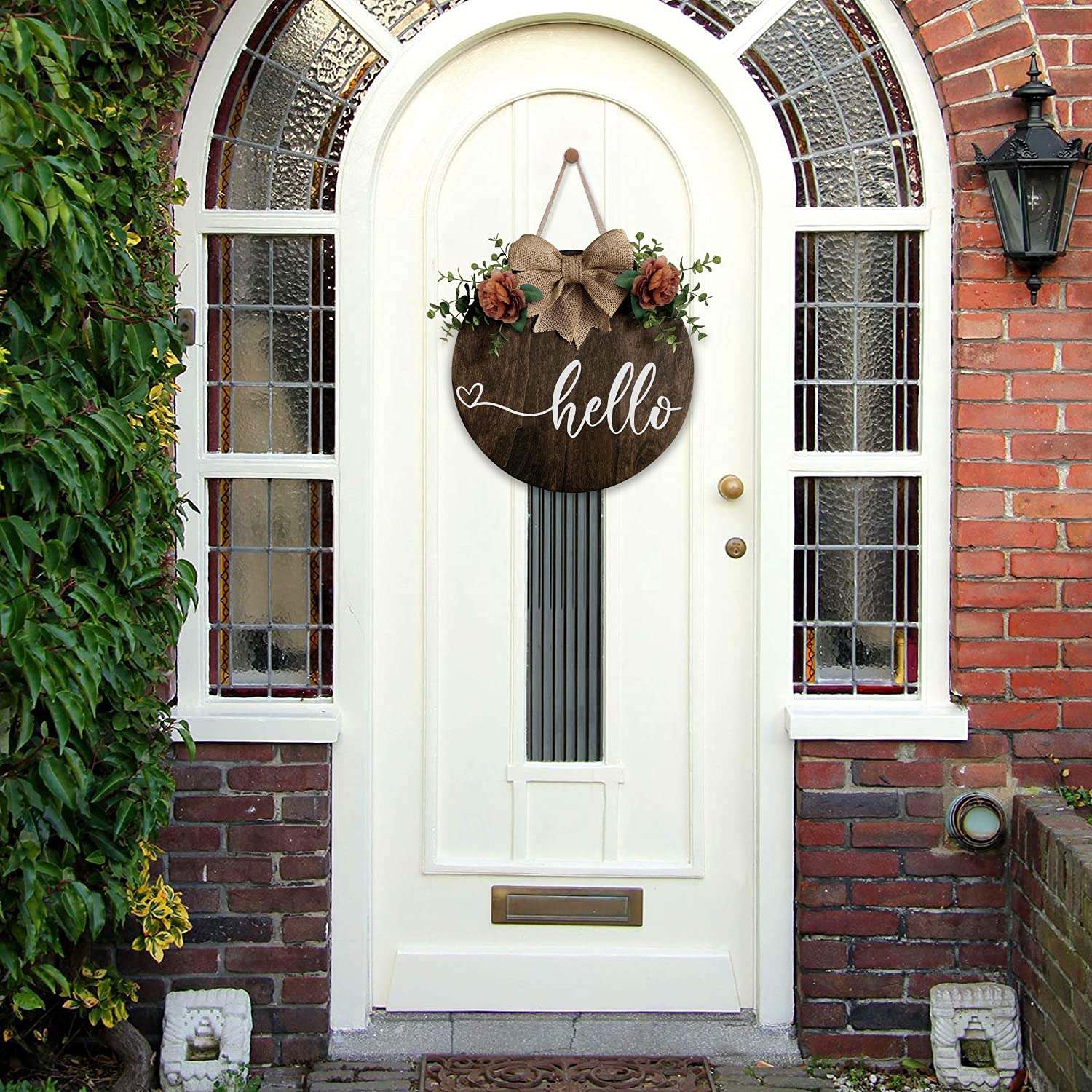 Wood Round Hello Welcome Wreath Sign Hanging Decoration Front Door, Farmhouse Porch Sign and Artificial Green Plant, Rural Outdoor Decor New House Relocation Gift - WoodArtSupply