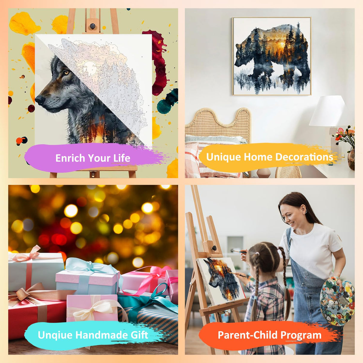 2 Pack Paint by Number for Adults Beginner, Bear Painting by Number Kit, Wolf Easy Acrylic Painting by Number on Canvas, Animal Paint by Numbers for Home Wall Art Decor with Frame (11.8x11.8Inch) Mandun