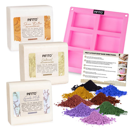 Pifito Soap Making Kit │ DIY Soap Making Supplies - 3 lbs Melt and Pour Soap Base (Shea Butter, Goats Milk, Oatmeal), 8-Pack Oxide Pigment Colorants Sampler, Mold and Instructions Pifito