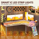 TIQLAB 63'' L-Shaped Standing Desk with LED Light Strip and Power Outlet, Height Adjustable Corner Table with Ergonomic Monitor Stand, Light Walnut TIQLAB