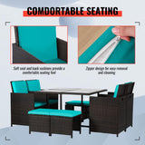 Outdoor Patio Furniture Set 9 Pieces Patio Dining Sets Space Saving Wicker Furniture with 4 Rattan Chairs 4 Ottomans and Glass Table for Outdoor Backyard Porch Poolside Balcony,Khaki Cushion (Blue) PayLessHere