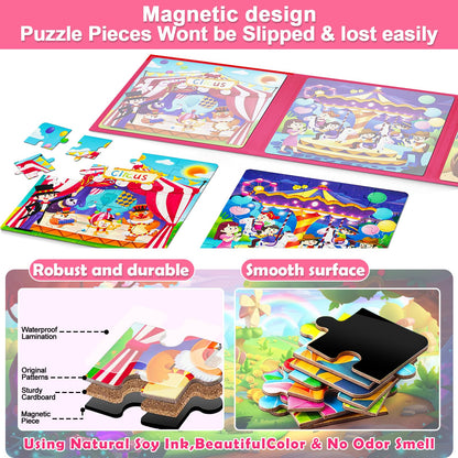 Jade Hare Magnetic Puzzles for Kids Ages 3-5, Toddler 3 in 1 Circus Jigsaw Puzzle Book, Kids Travel Puzzles Toys, Montessori Preschool Learning Toy for 1-5 Year Olds Girls