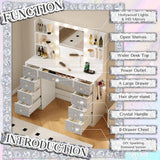 Vanity Desk with Mirror and Lights, Diamond Edition Vanity Desk with 9 Drawers and 6 Storage Shelves Dressing Table, Vanity Desks with Power Outlet and 3 Color Modes 10 LED Bulb for Girls Bedroom Dowinx