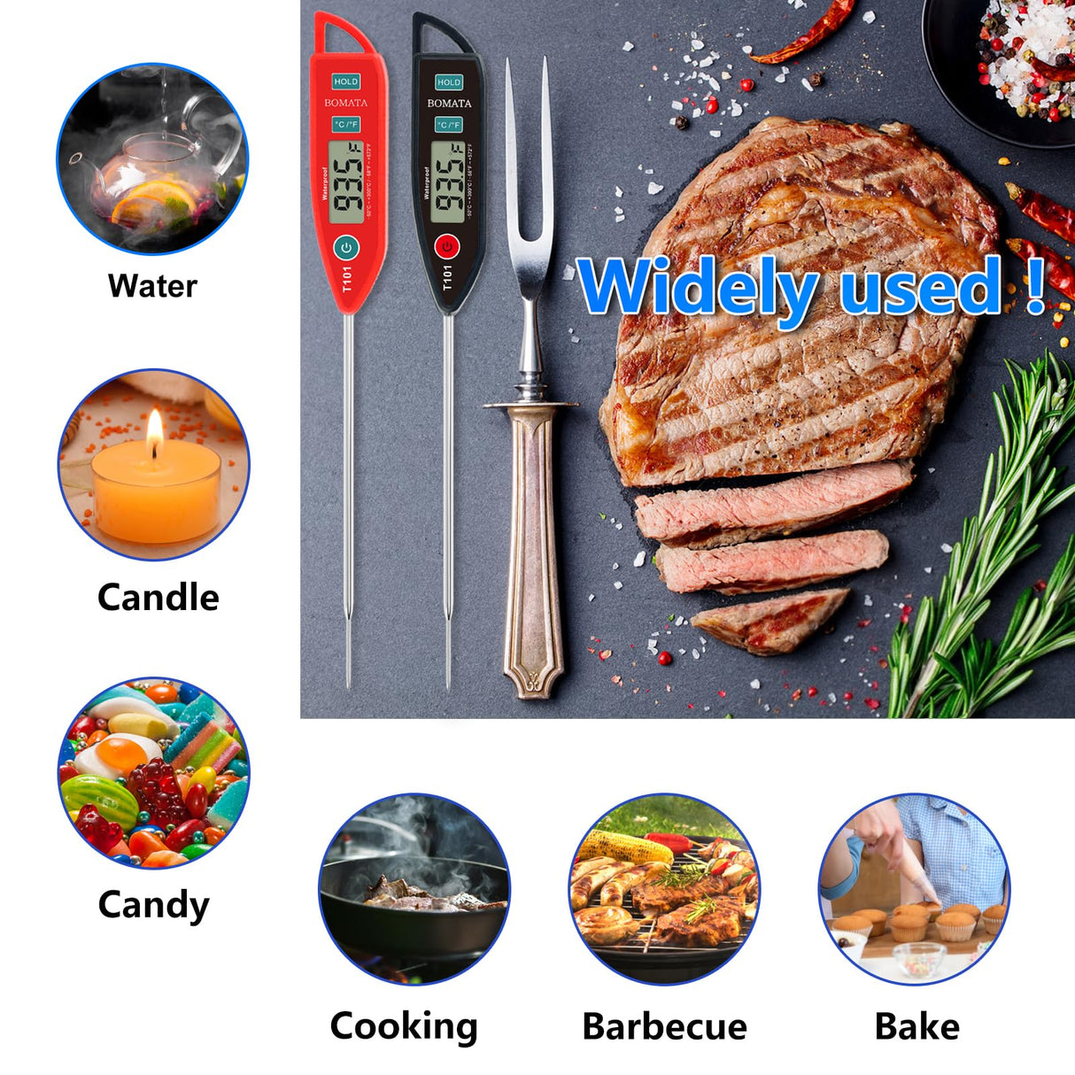 BOMATA 2 Pack Waterproof IPX7 Meat Thermometer Instant Read Food Thermometer with Long Probe for Water, Liquid, Kitchen Cooking, Grill,BBQ ! T101 X 2 Pcs (Black & Red)… BOMATA