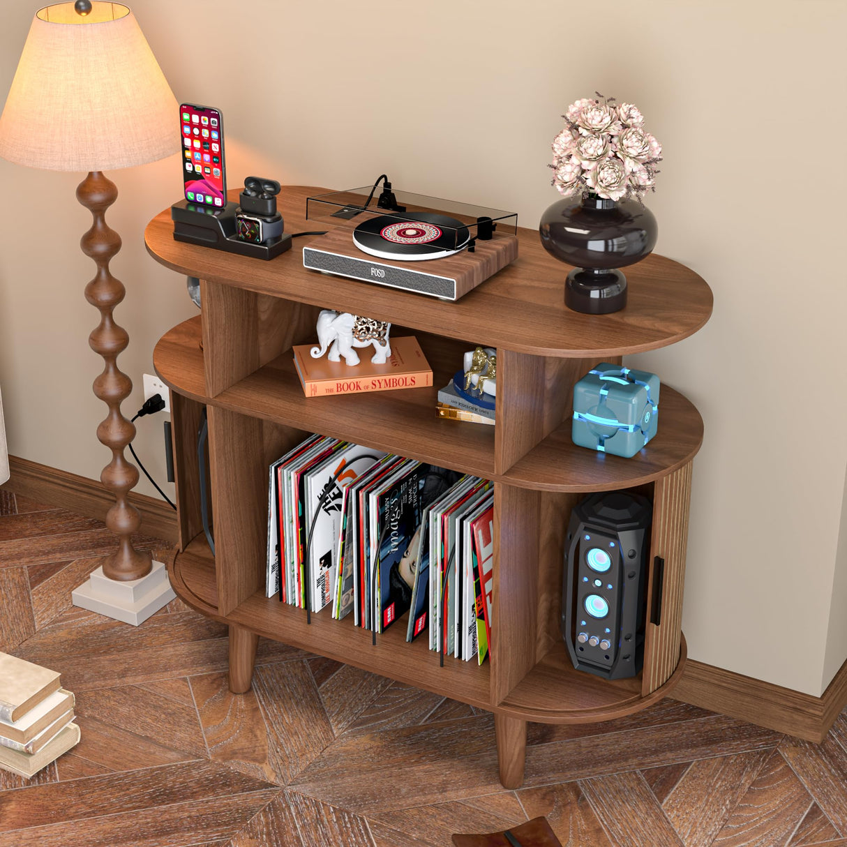 LUVIOHOME Large Round Record Player Stand with Charging Station & USB Ports，Record Storage Cabinet, Mid Century Modern Turntable Stand for Bedroom Living Room (Small Brown) LUVIOHOME