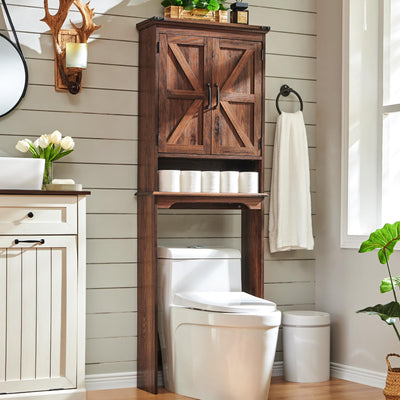 ACCOHOHO Over The Toilet Storage Cabinet, Farmhouse Bathroom Cabinet with Adjustable Shelf & Barn Door, 67" Tall Over The Toilet Shelf, Brown