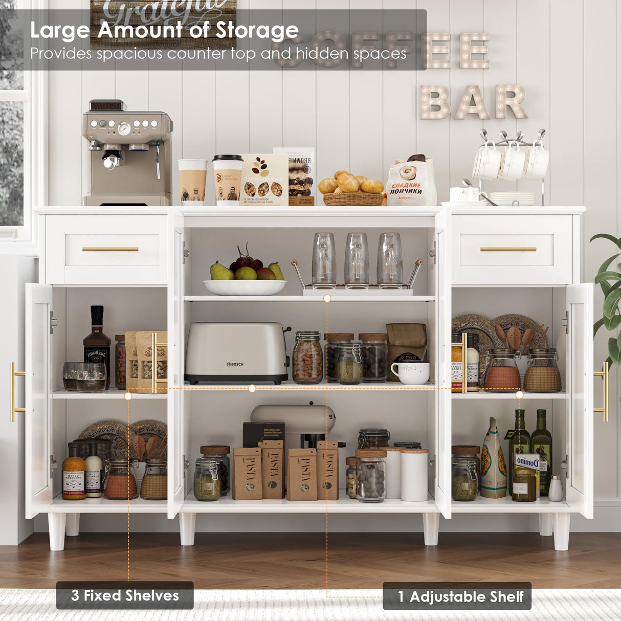 HOSTACK Modern Sideboard Buffet Cabinet with Storage, 55" Large Kitchen Buffet Storage Cabinet with Drawers and Shelves, Wood Coffee Bar Cabinet with Gold Handles for Dining Room, Living Room, White HOSTACK