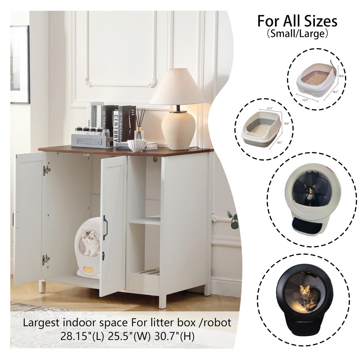 FOREST GRAVITY Cat Litter Robot Enclosure,for Placing Litter Robot 3/4,Power Outlet and Dog-Proof Shelf for Litter Robot Cabinet,Litter Collector for Automatic Litter Box Enclosure,Antique White FOREST GRAVITY