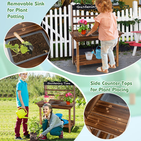 HONEY JOY Kids Potting Bench Table, Fir Wood Garden Potting Benches for Outside, Removable Sink, 4 Flower Pots, Chalkboard, Children Planting Table Work Bench, Mud Kitchen for Kids Outdoor Backyard HONEY JOY