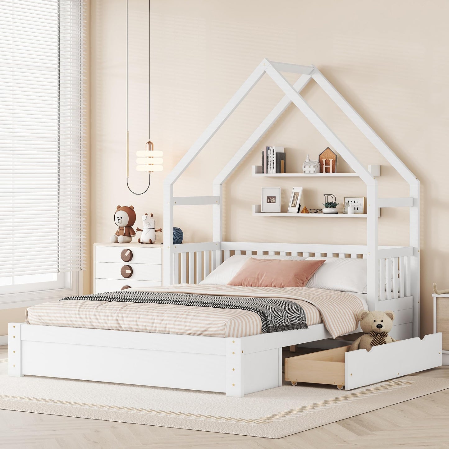 Merax Wood Queen Size House Platform Bed with Guardrail and 2 Drawers, Wooden Bedframe for Boys Girls Adult, No Spring Box Needed, White - WoodArtSupply