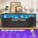 Furologee 55" LED TV Stand for Bedroom with Power Outlets, Entertainment Center with 6 Fabric Drawers for 50/55/60 inch TVs, Dresser TV Stand Long Console Media Table for Living Room, PU Black Furologee