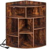 VECELO Corner Cube Shelf with USB Ports & Outlets, Modern Corner Toy Storage Rack with Adjustable Shlef, Wooden Display Bookshelf Bookcase for Living Room, Bedroom, Dining Room, Kitchen, Brown VECELO