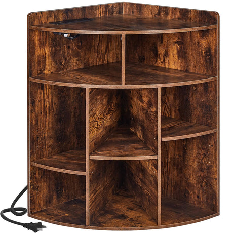VECELO Corner Cube Shelf with USB Ports & Outlets, Modern Corner Toy Storage Rack with Adjustable Shlef, Wooden Display Bookshelf Bookcase for Living Room, Bedroom, Dining Room, Kitchen, Brown VECELO