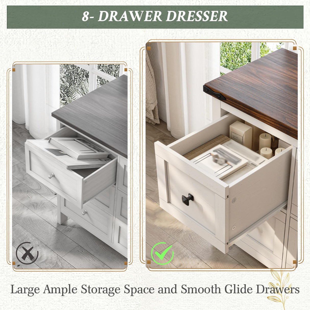 EnHomee Farmhouse 8 Drawer Dresser for Bedroom,Wood Dressers and Chests of Drawers with Texture TV Stand for Bedroom, Hallway, Closet,Antique White EnHomee