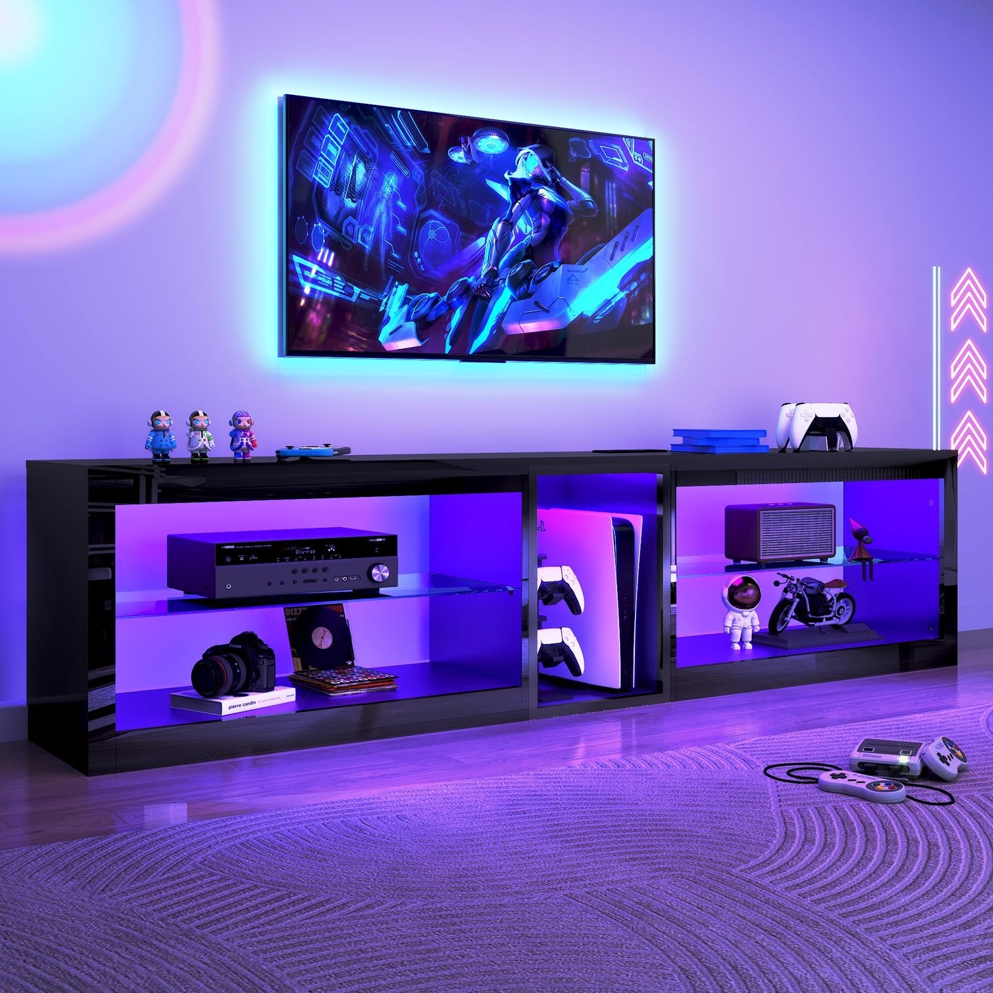 81in Long LED TV Stands W/Power Outlet for 70 80 85 90Inch TV,Black Entertainment Center W/70000-Colors Lights,High Gloss LED TV Console w/Adjustable Glass Shelves for Living Room Gameroom