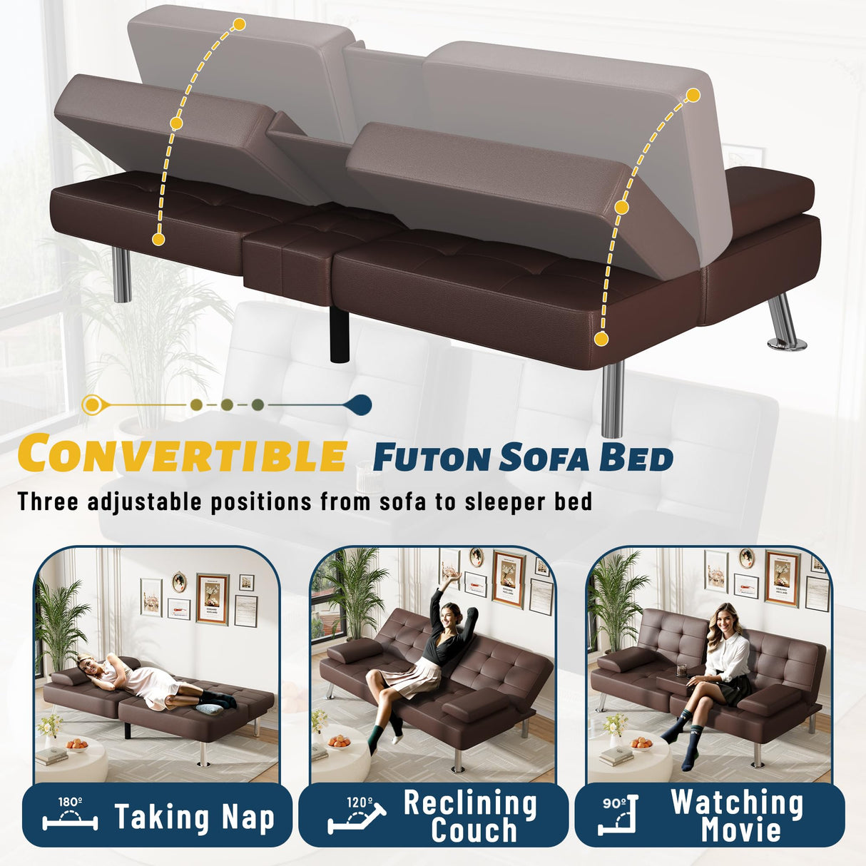 Furmax Futon Sofa Bed Adjustable Futon Couch Modern Sleeper Sofa Bed for Living Room, Business Office, Recliner Sofa with Cup Holders (PU Leather, Brown) Furmax