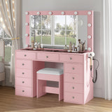 FUSOU Vanity Desk with Power Outlet, Makeup Vanity with Mirror and 12 LED Lights, 3 Lighting Modes, 11 Drawers Vanity Table with Chair, Glass Top, Vanity Set for Bedroom, Pink FUSOU