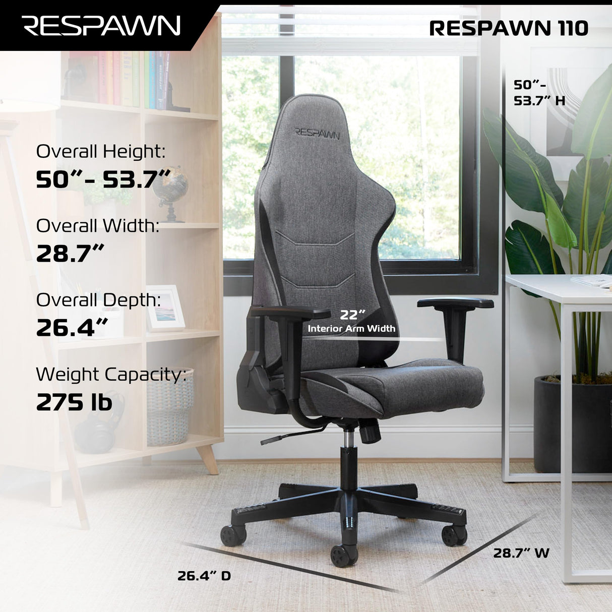 RESPAWN 110 Gaming Chair - Gamer Chair PC Computer Chair, Ergonomic Gaming Chairs, Office Chair with Integrated Headrest, Gaming Chair for Adults 135 Degree Recline with Angle Lock - Grey Fabric RESPAWN