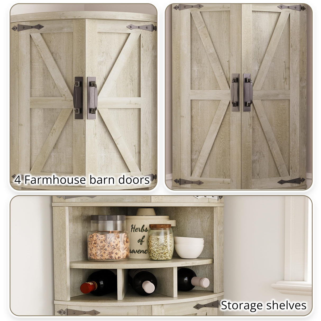 IRONCK Tall Corner Cabinet with 3 Wine Racks, Farmhouse Storage Cabinet with 4 Doors and Adjustable Shelves, Barn Door Design, Corner Bar Cabinet for Living Room, Kitchen, Laundry Room Rustic Maple IRONCK