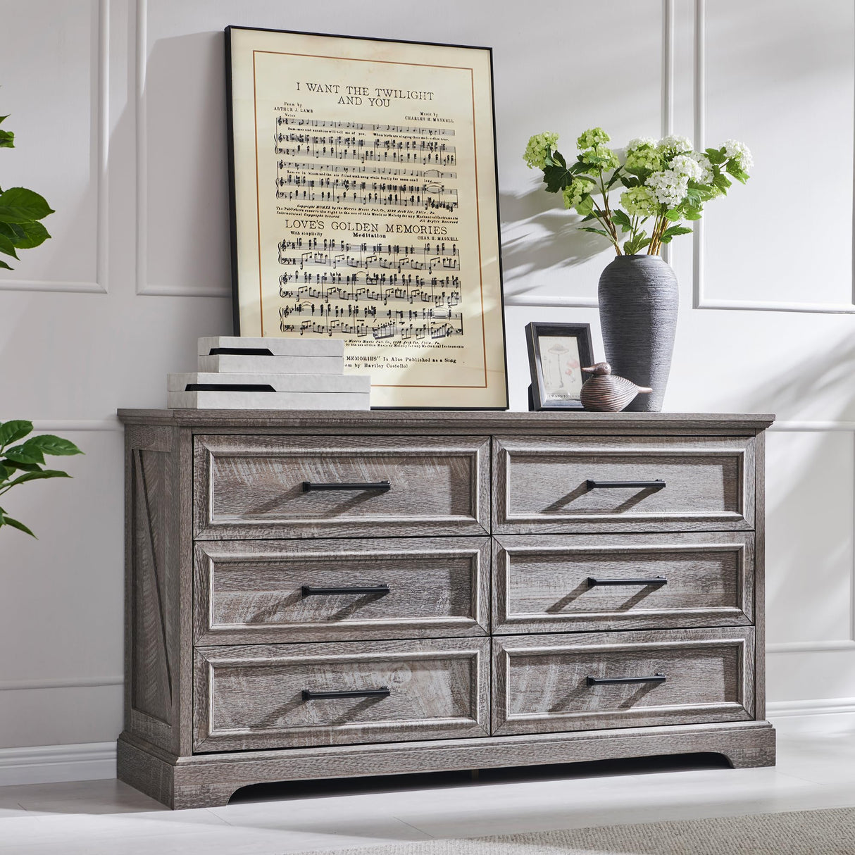 ACCOHOHO Farmhouse 6 Drawer Dresser for Bedroom, 52 Inch Wide Modern Dresser TV Stand with Large Drawers & Bar Handles, Rustic Wood Dresser Chest of Drawers for Bedroom, Living Room, Hallway, Grey ACCOHOHO