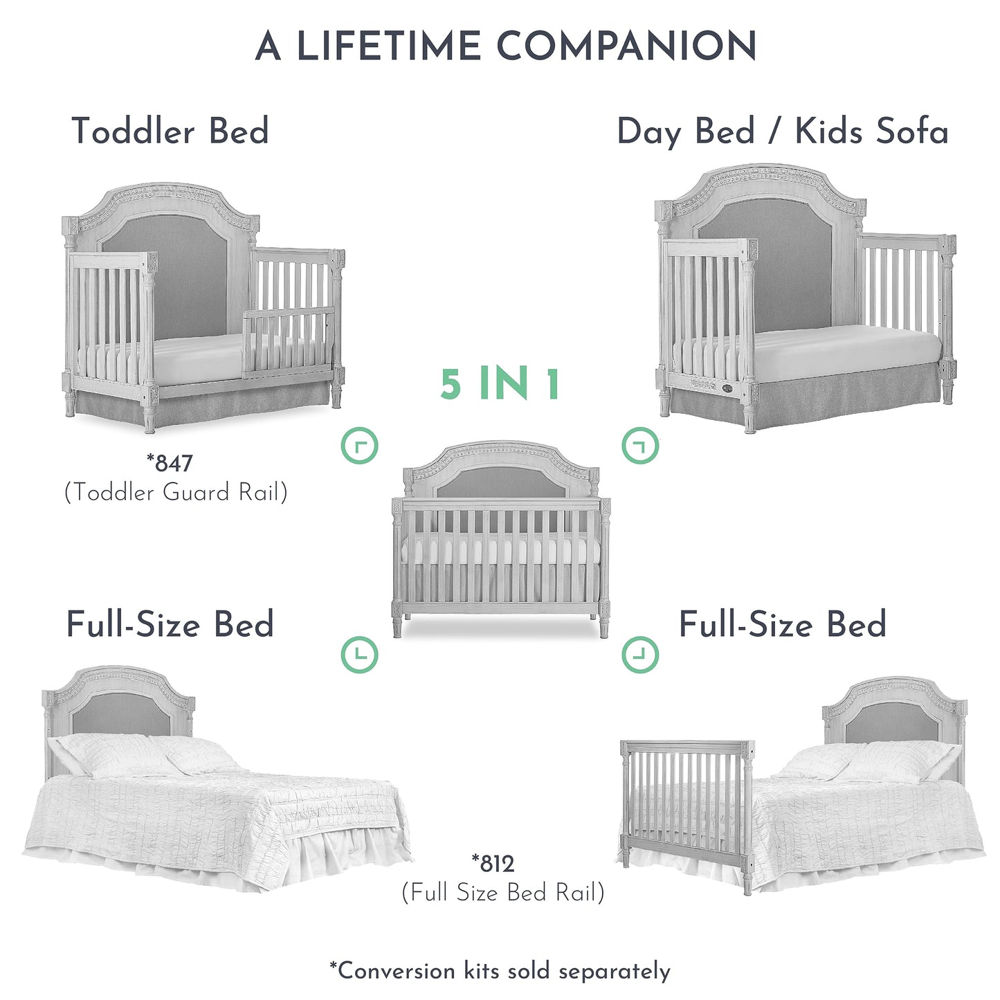 Evolur Julienne 5 in 1 Convertible Crib, Antique Grey Mist 55.5x31.2x51.5 Inch (Pack of 1) - WoodArtSupply