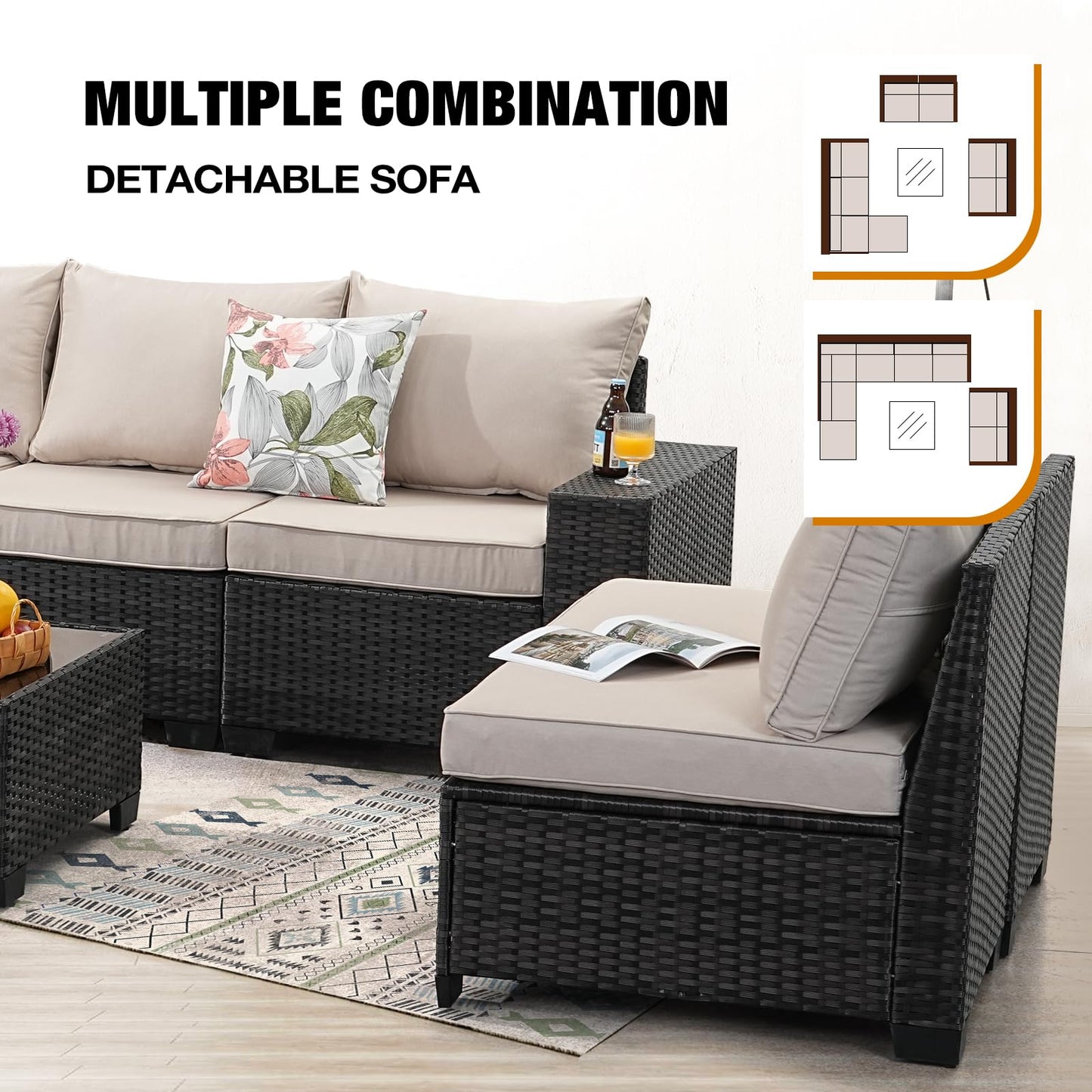 JOYURE 9 Pieces Patio Furniture Set All-Weather Outdoor Wicker Sectional Conversation Sofa Rattan Patio Seating Sofa with Cushion and Glass Table and Ottoman for Porch Poolside,Beige - WoodArtSupply