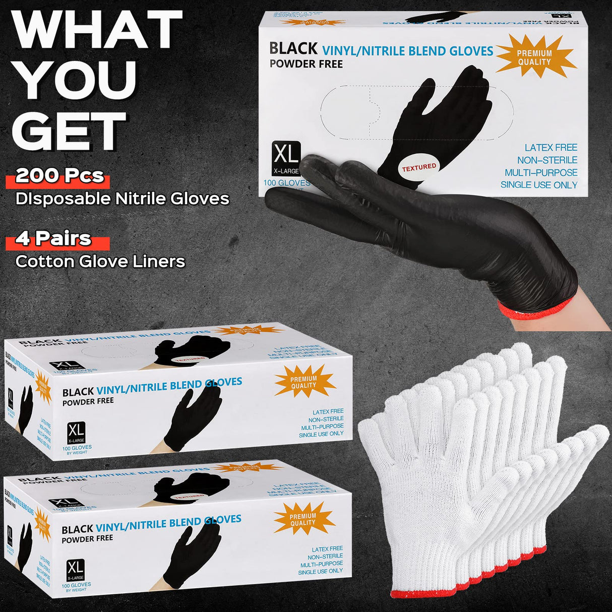 200 Pcs Disposable BBQ Gloves Nitrile Gloves with 4 Pairs Cotton Liners Grilling Gloves for Barbecue Smoking Meat Cooking(X-Large,Black, White) Janmercy