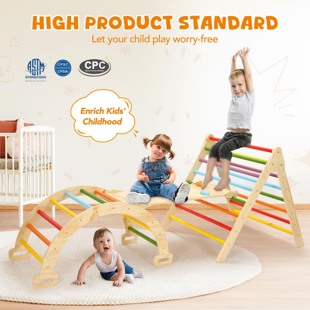 CoziBB Pikler Triangle Set, Montessori Toddler Climbing Toys Indoor, 5 in 1 Wooden Foldable Climbing Set with Arch Ramp, Triangle Climber, Pikler Triangle Gym Inside for Kids 2-4, Rainbow CoziBB