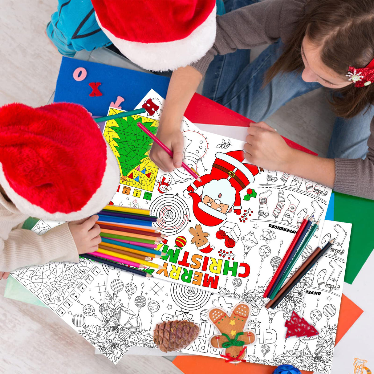Disposable Santa Place Mats for Kids, 12 Pack - 17'x 11' Paper Table Mat Sheets for Merry Christmas School Party Decorations Gatherfun