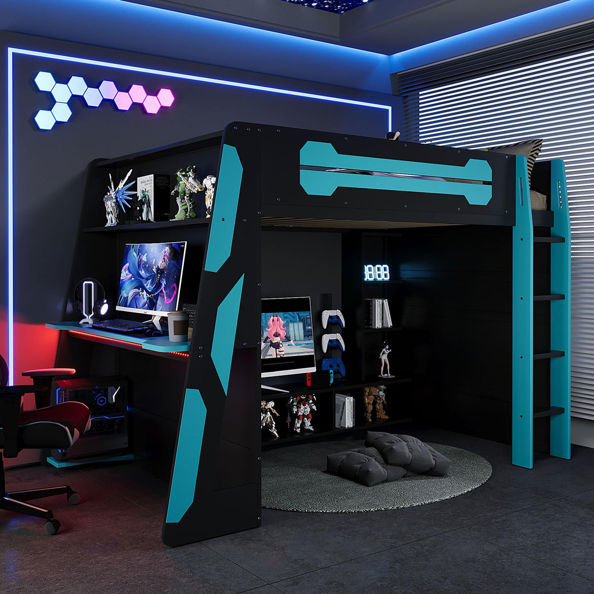 THINK 30 Full Size Wood Gaming Loft Bed with Desk, Multi-Storage Shelves and RGB Light, Gaming Loft Bed Frame for Boys Kids Teens Adults Bedroom Study (Blue) THINK 30