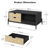 GAOMON Modern Coffee Table, 39.4" Rectangular Coffee Table with Nature Rattan Drawers and Storage Shelves, Funky Center Table with Led Lights, Black Cocktail Table for Living Room Apartment GAOMON